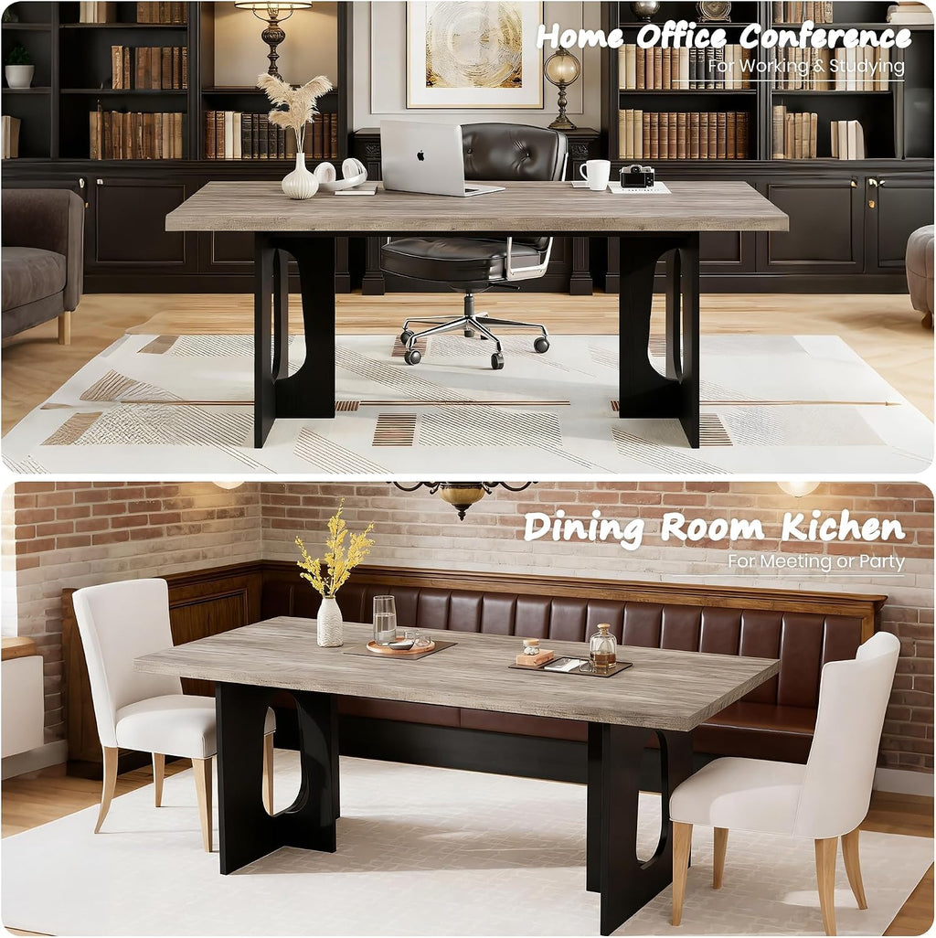 71' Long Dining Table for 6-10 People - Farmhouse Kitchen Table with Extra Thick Tabletop & Heavy-Duty Metal Legs, Sturdy Rectangular Table for Dining Room, Conference Room, Office, Grey + Black