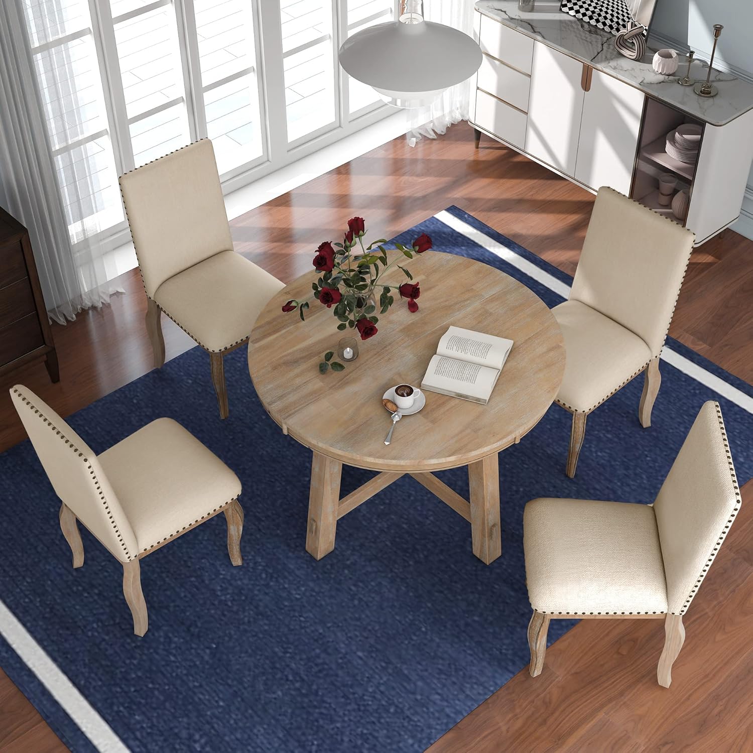 Harper & Bright Designs Kitchen Dining Table Set for 4, Wood Round Extendable Dining Table and 4 Dining Chairs Dining Table Set (Natural Wood Wash), ST000074AAE-MZJ