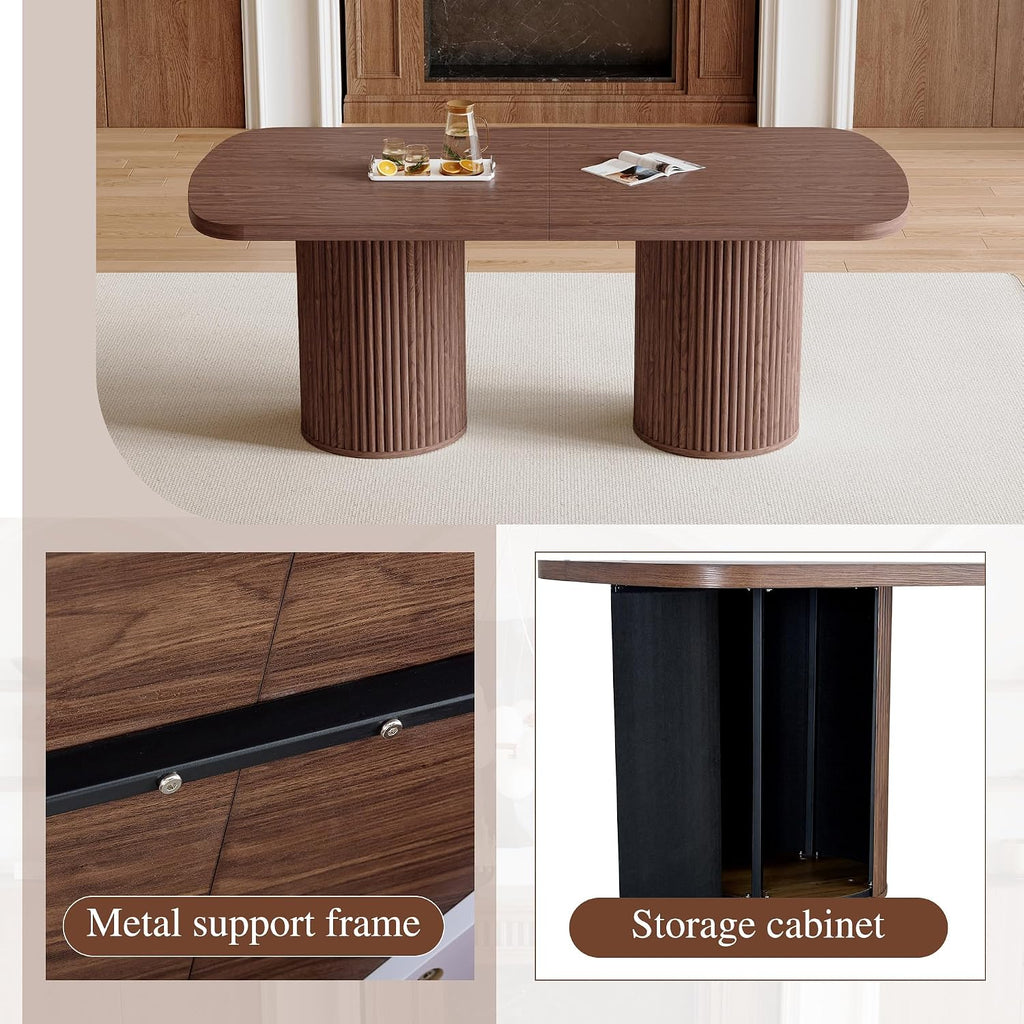 78.7' Extra Long Dining Table for 6-10 People, Farmhouse Kitchen Table with Cylindrical Fluted Bases, Rectangular Dining Table for Dining Room, Kitchen, Living Room, Walnut