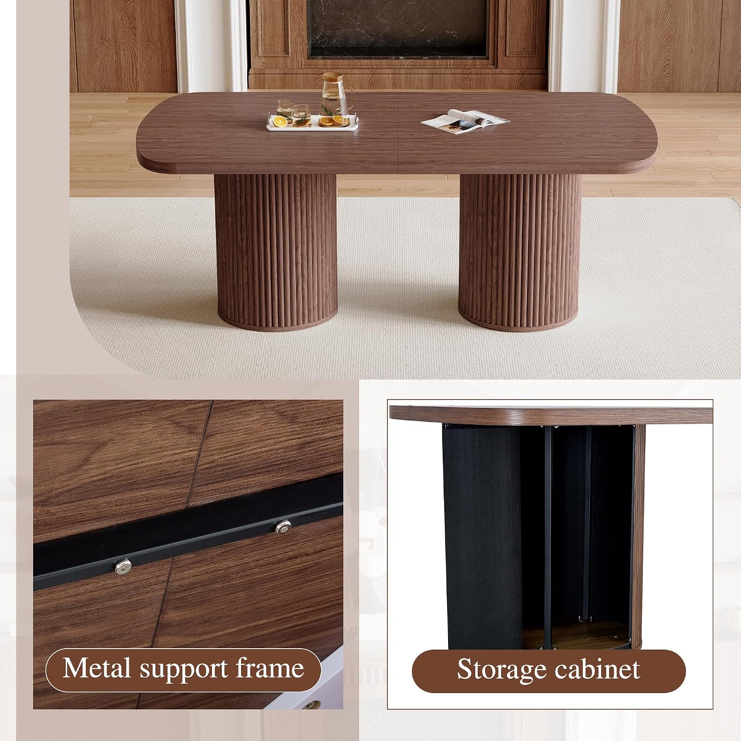 78.7' Extra Long Dining Table for 6-10 People, Farmhouse Kitchen Table with Cylindrical Fluted Bases, Rectangular Dining Table for Dining Room, Kitchen, Living Room, Walnut