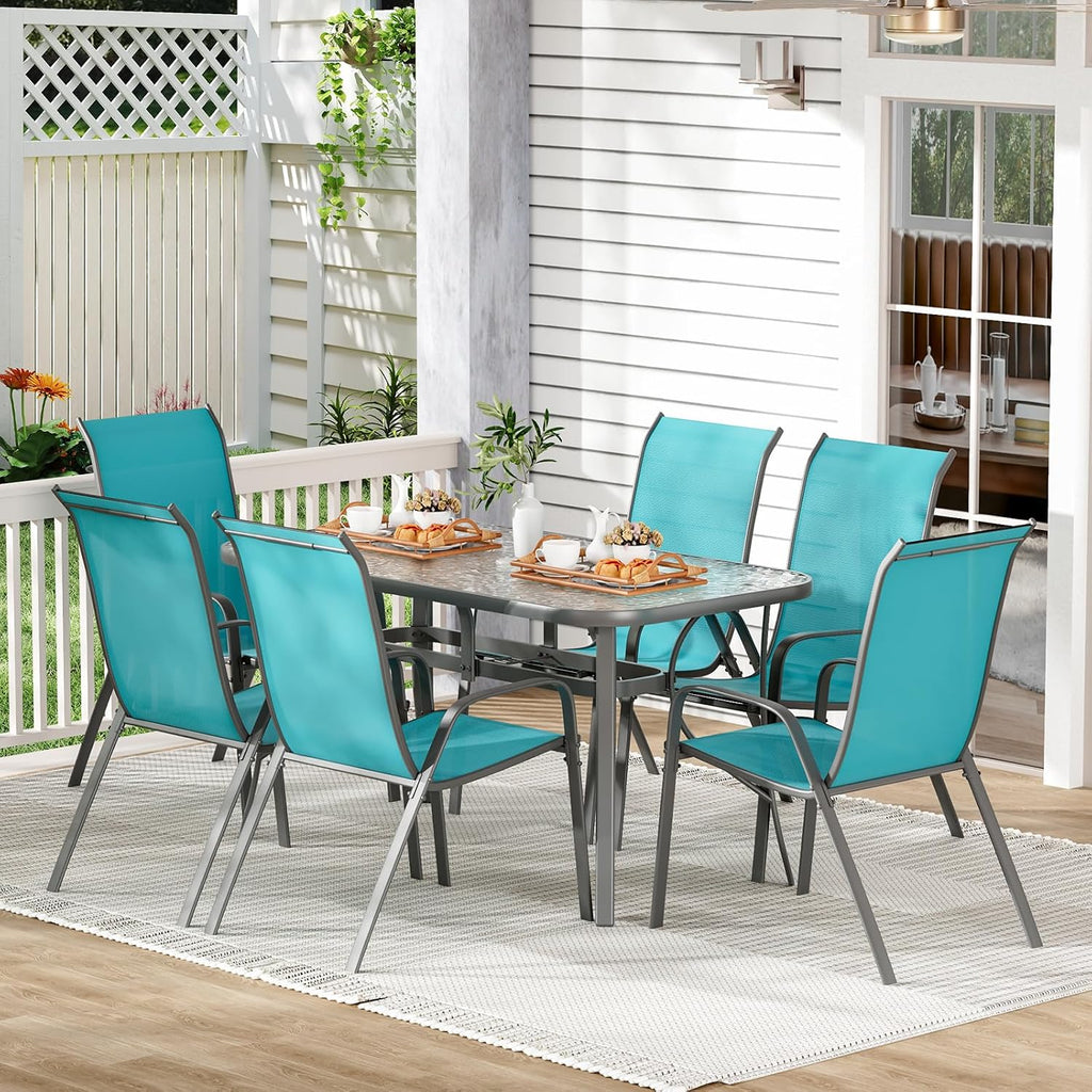 TLSUNNY 7 Pieces Patio Dining Set, Outdoor Table and Chairs W/1.69″ Umbrella Hole, 30'X 55' Table and Stackable Textilene Chair, All Weather Patio Furniture Set (Umbrella not Included)