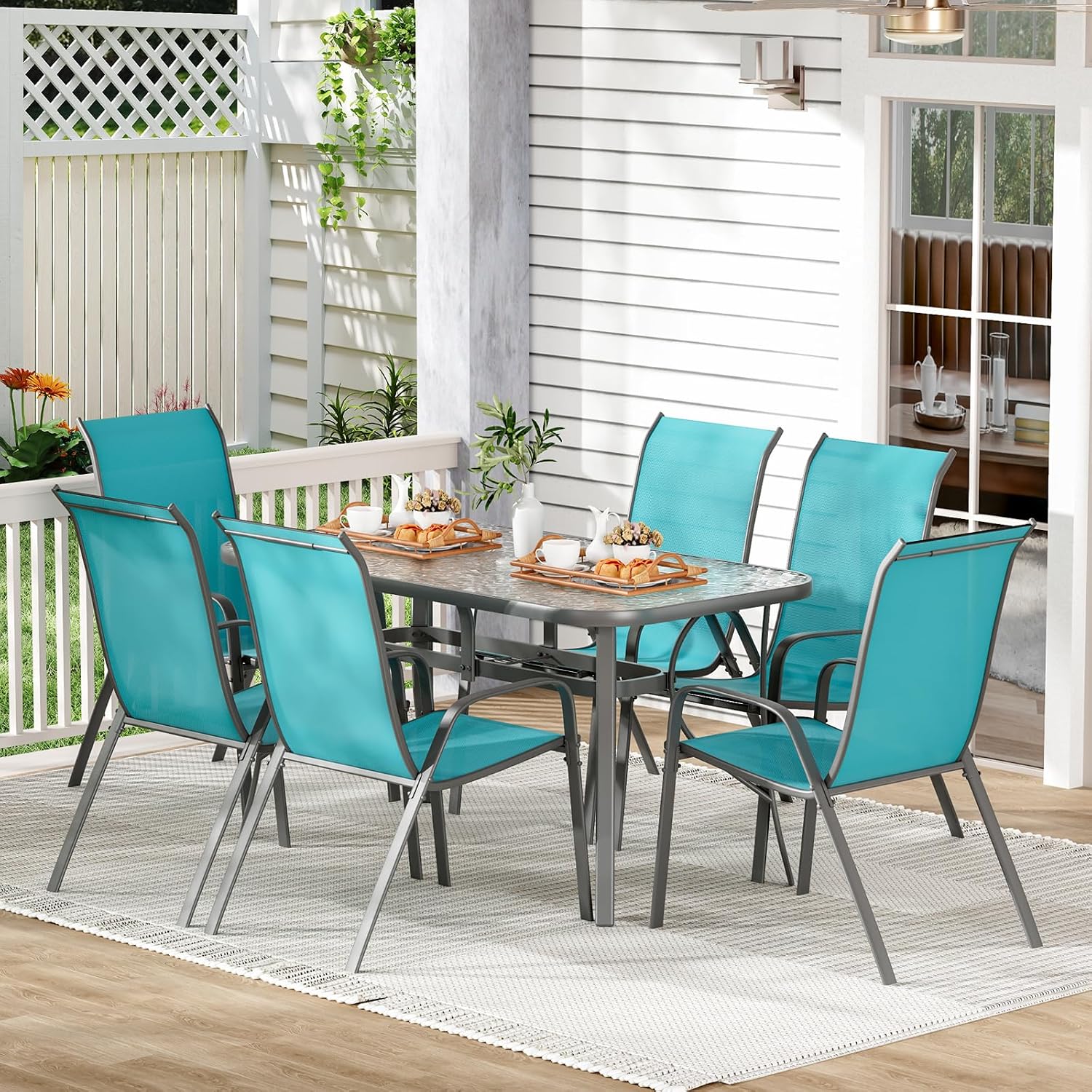 TLSUNNY 7 Pieces Patio Dining Set, Outdoor Table and Chairs W/1.69″ Umbrella Hole, 30'X 55' Table and Stackable Textilene Chair, All Weather Patio Furniture Set (Umbrella not Included)