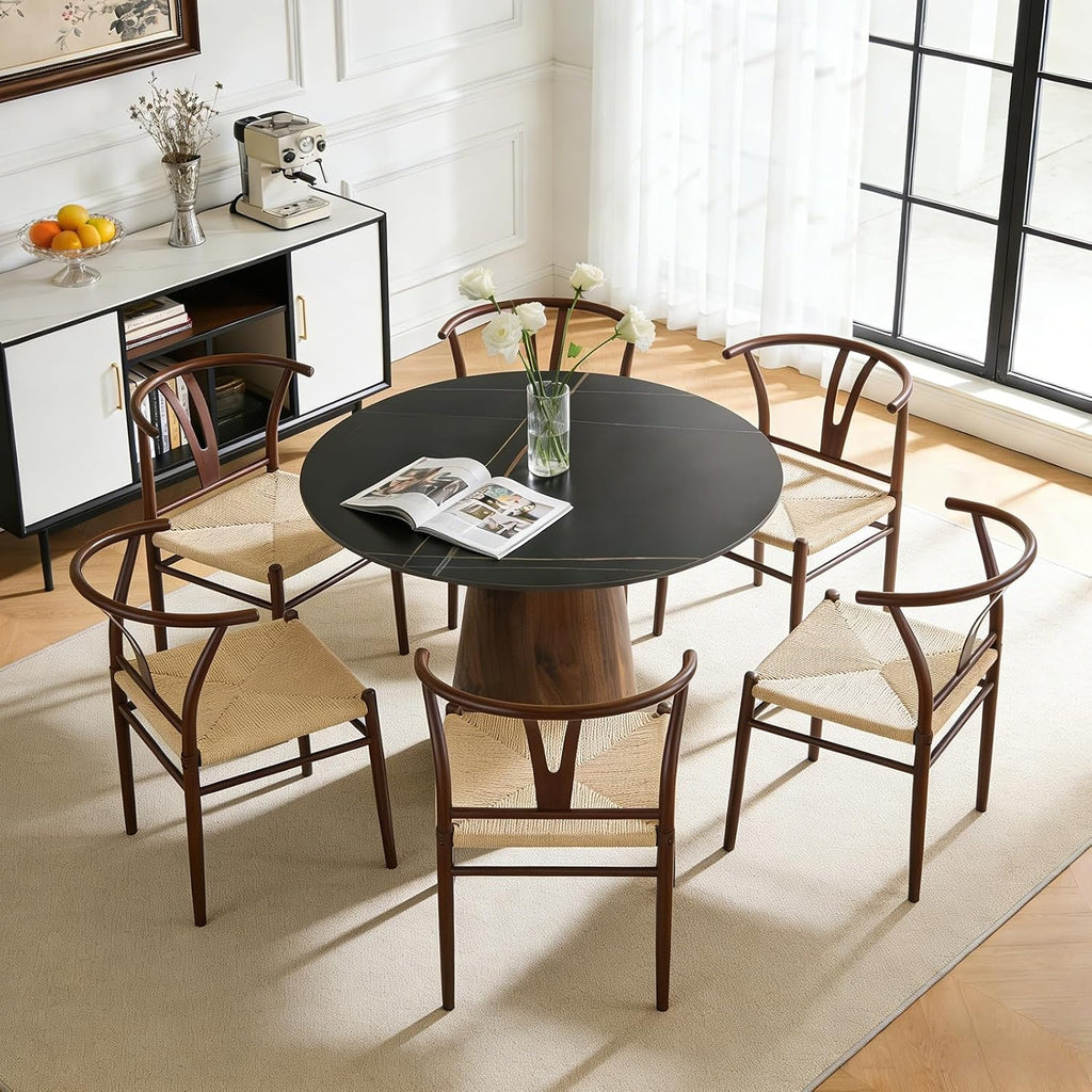 Faux Marble Round Dining Table for 4/5/6, 42' Modern Round Kitchen Table with Black Sintered Stone Top and Walnut Stable Pedestal for Apartment,Restaurant,Small Space