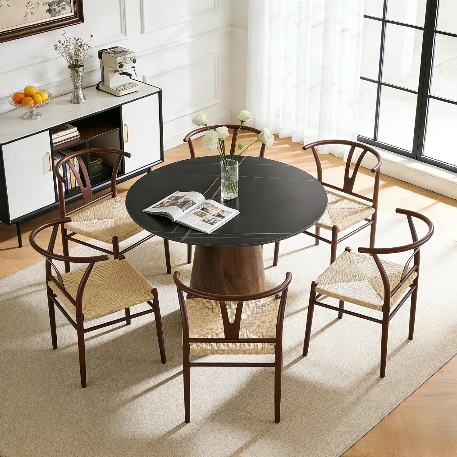 Faux Marble Round Dining Table for 4/5/6, 42' Modern Round Kitchen Table with Black Sintered Stone Top and Walnut Stable Pedestal for Apartment,Restaurant,Small Space