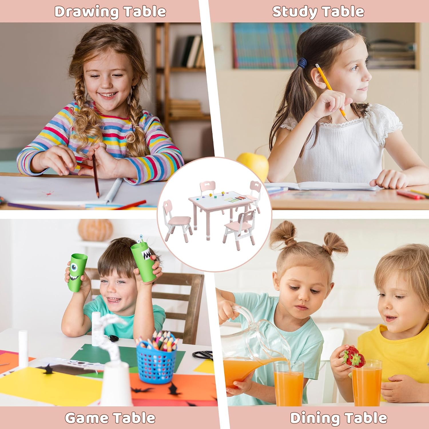 DOREROOM Kids Table and 4 Chairs Set, Height Adjustable (17.7'-26.1') Toddler Table and Chair Set, Multi-Activity Table with Graffiti Desktop, Children's Table and Chairs for Classroom, Home & Daycare
