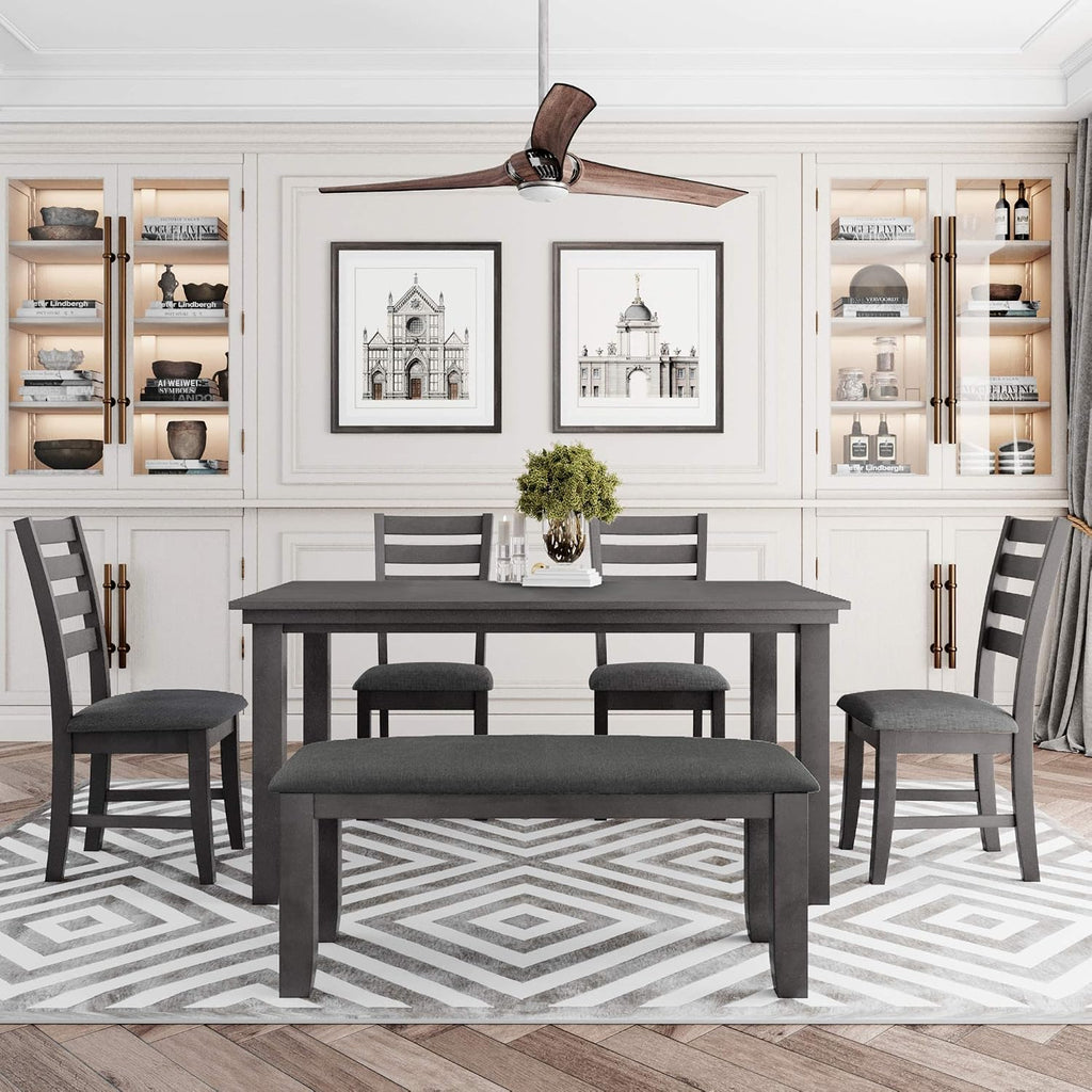 Harper & Bright Designs 6 Pieces Wooden Dining Table Set, Rectangle Table and 4 Chairs with Bench with Cushion, Kitchen Table Chairs Set for 6 Persons, Dining Room Set (Gray)