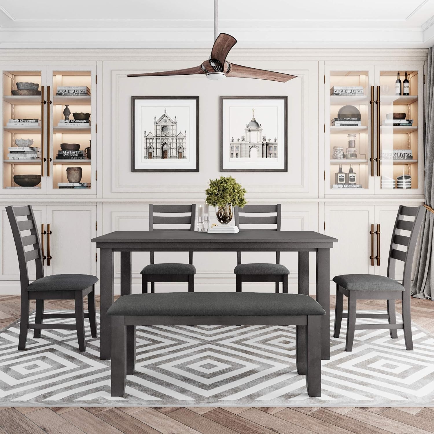 Harper & Bright Designs 6 Pieces Wooden Dining Table Set, Rectangle Table and 4 Chairs with Bench with Cushion, Kitchen Table Chairs Set for 6 Persons, Dining Room Set (Gray)
