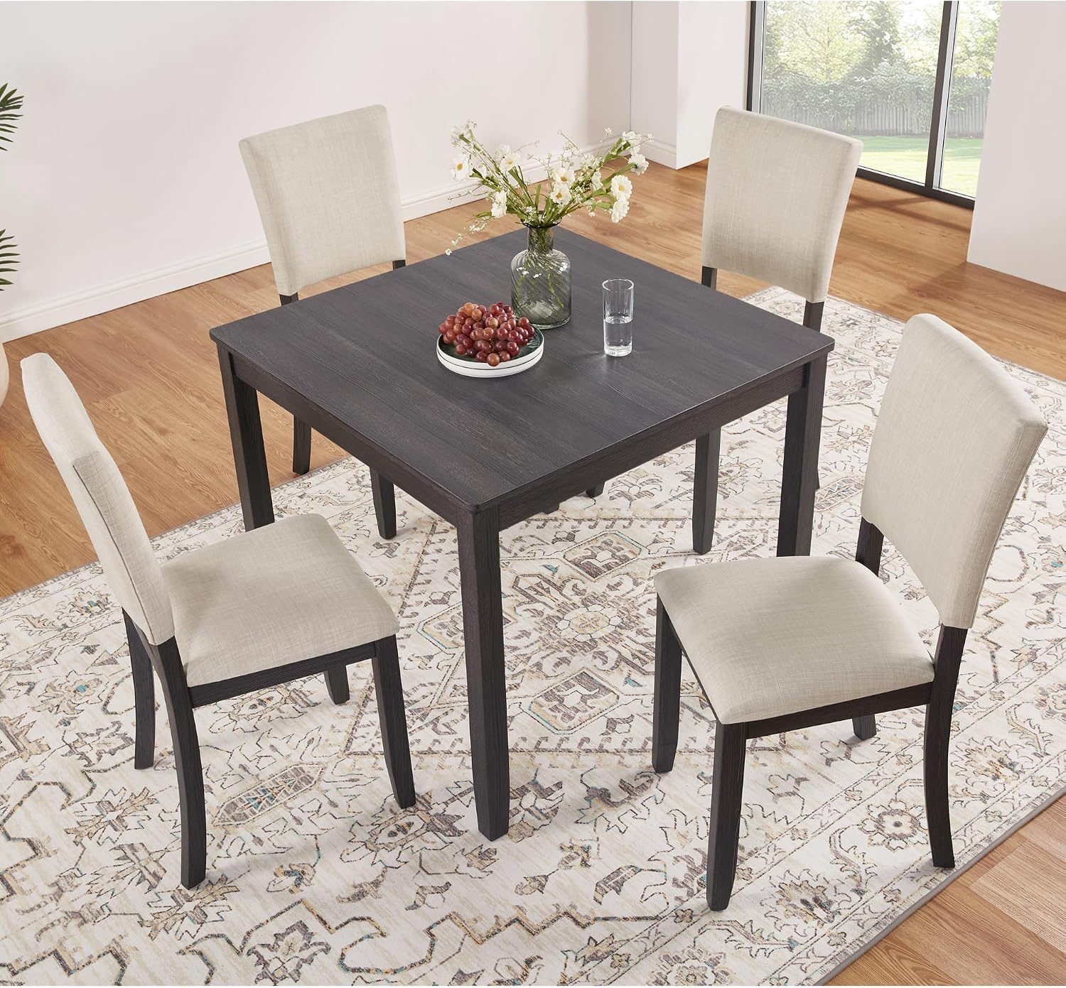 KEIKI 5-Piece Standard Height Dining Table Set with Square Table, 4 Upholstered Curved Backrest Chair, for 4 Person, Modern Style Table Set, Easy Assembly, for Kitchen, Dining Room, Black+Beige