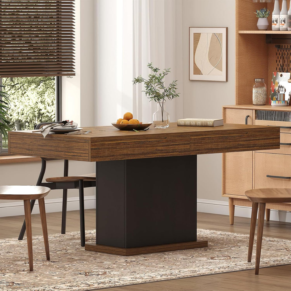 Dining Table with Drawers for 4-6 People, 55 Inches Dinner Table with Led Lights Wooden Pedestal Base, Rectangular Kitchen Table for Kitchen, Living Room, Black& Rustic Brown