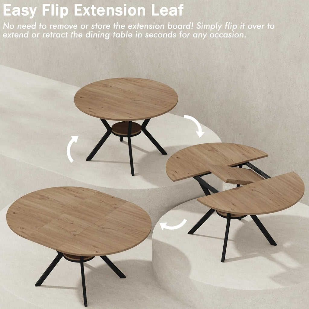 42'-58' Extendable Round Dining Table with Built-in Flip Leaf, Modern Oval Kitchen Table for 4-6, Space-Saving Small Room Furniture with Storage Shelf and X-Shaped Metal Base