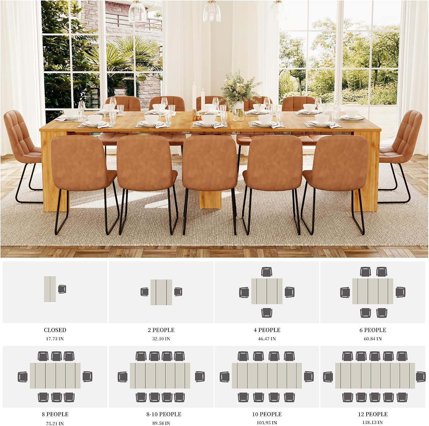 HIPIHOM 17.7'-118' Extendable Dining Table for 2-12 People, Extension Table with Extension Leaves Holder, Space-Saving Extra Long Folding Dining Table for Meeting, Dining Room(Oak Table Only)