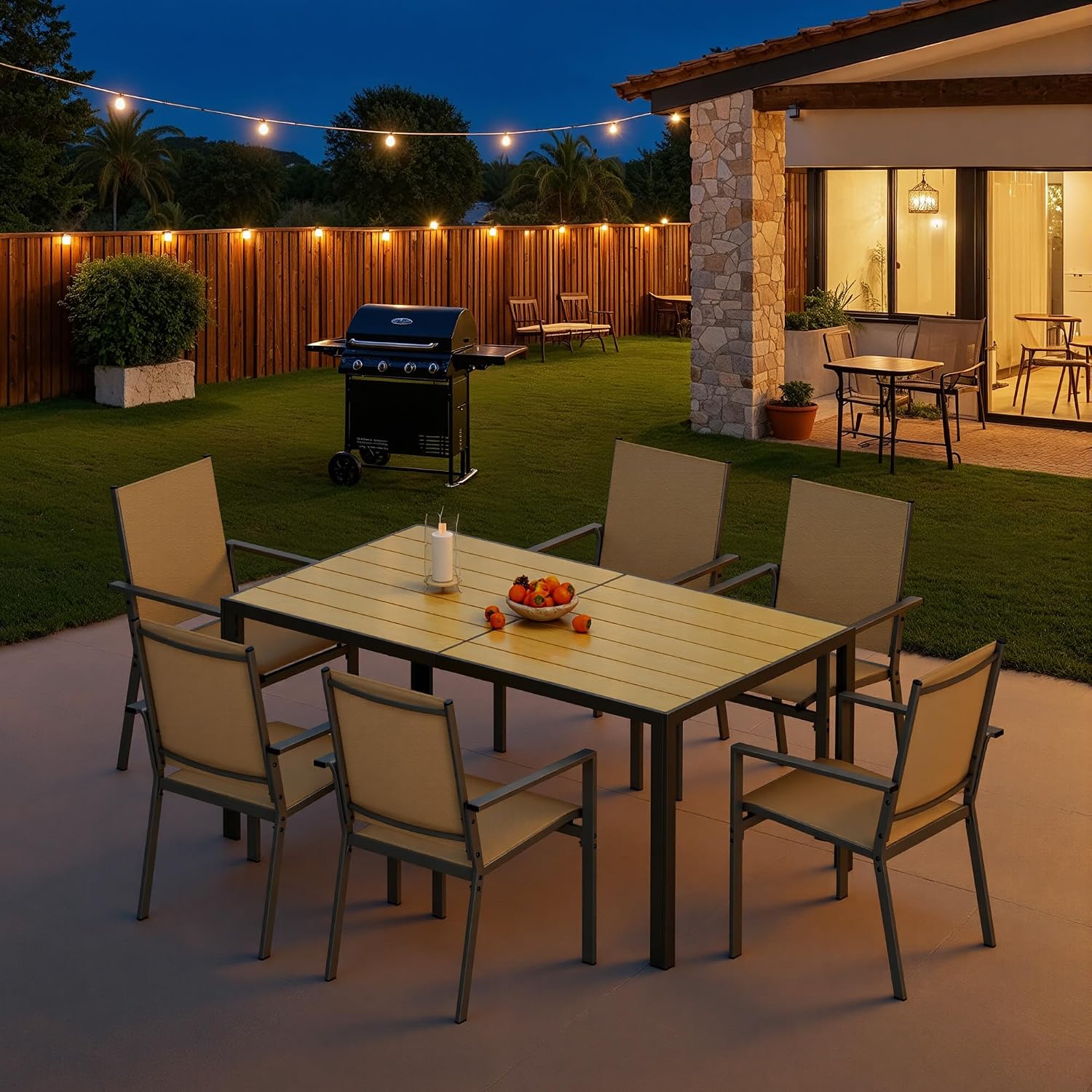 Ahomly Patio Table and Chairs Set for 6, Outdoor Dining Set Includes 59.5' Rectangle Patio Table with Side Umbrella Hole and 6 Textilene Fabric Patio Chairs for Backyard, Courtyard, Poolside, Brown