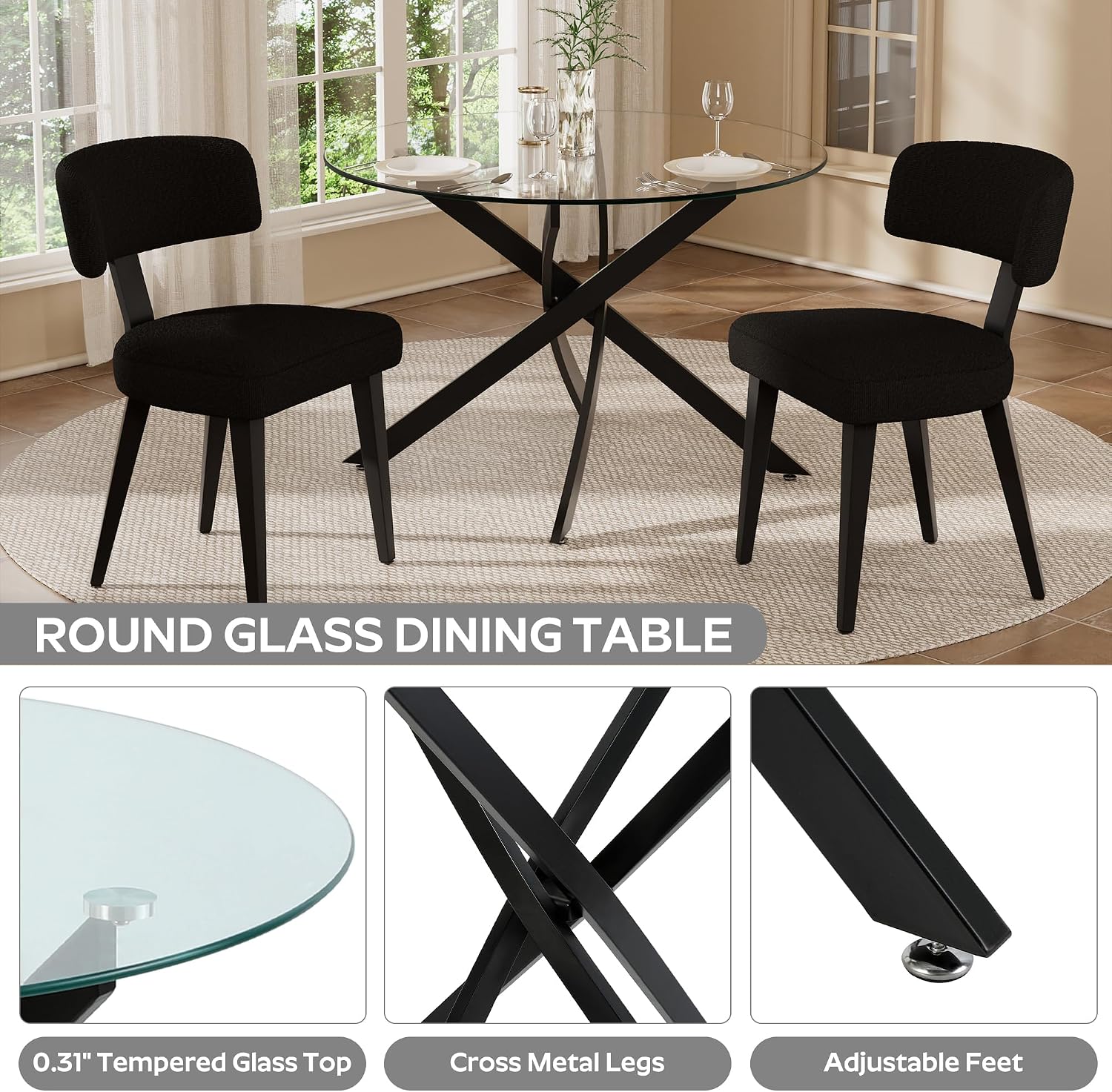 Small Dining Table Set for 2, 36' Round Kitchen Table with 2 Teddy Boucle Dining Chairs, Tempered Glass Top with Metal Legs(All Black)