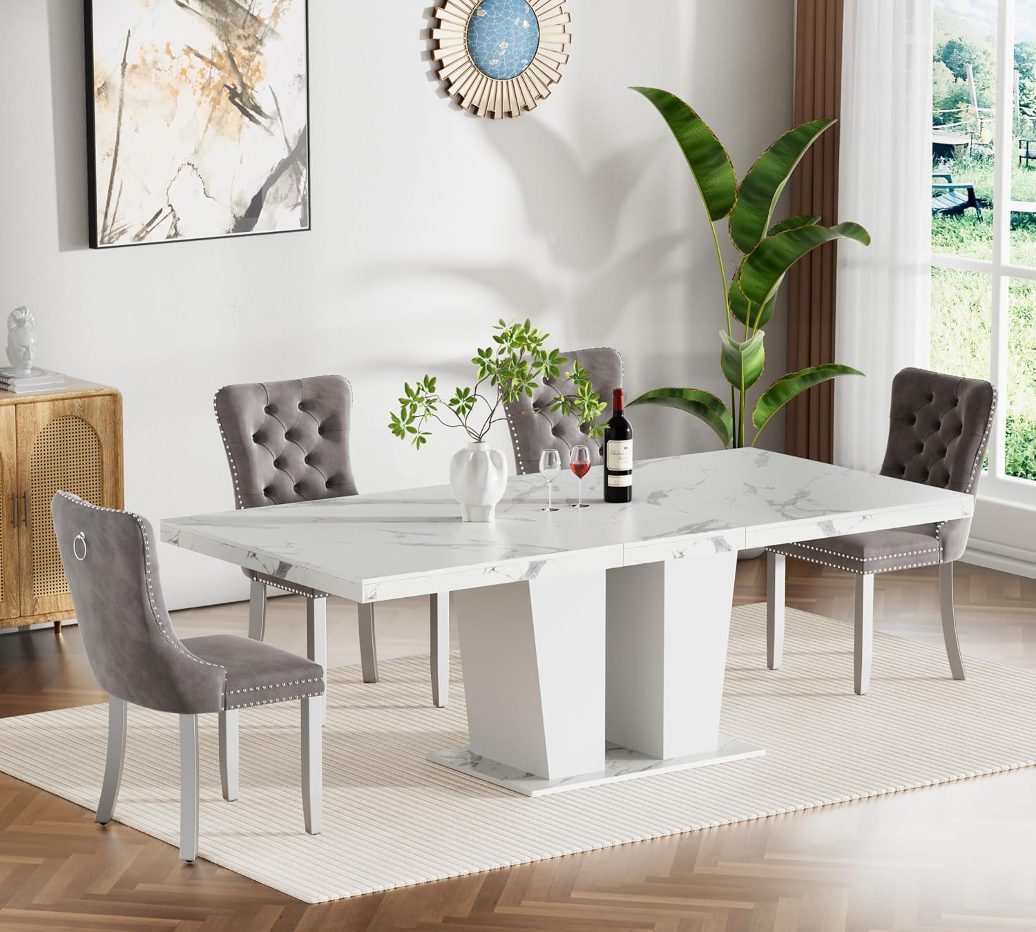 Henf 5 Pieces Faux Marble Dining Table Set for 4, 63'-79' Extendable Dining Room Table and 4 Grey Tufted Chairs Set for 4, Modern Large Expandable Kitchen Table with White Double Columns Base