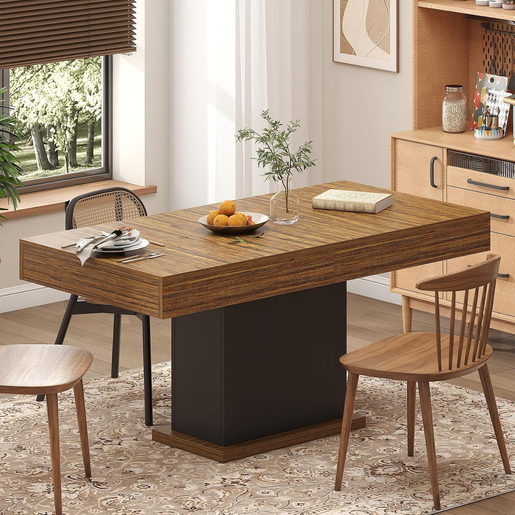 Dining Table with Drawers for 4-6 People, 55 Inches Dinner Table with Led Lights Wooden Pedestal Base, Rectangular Kitchen Table for Kitchen, Living Room, Black& Rustic Brown