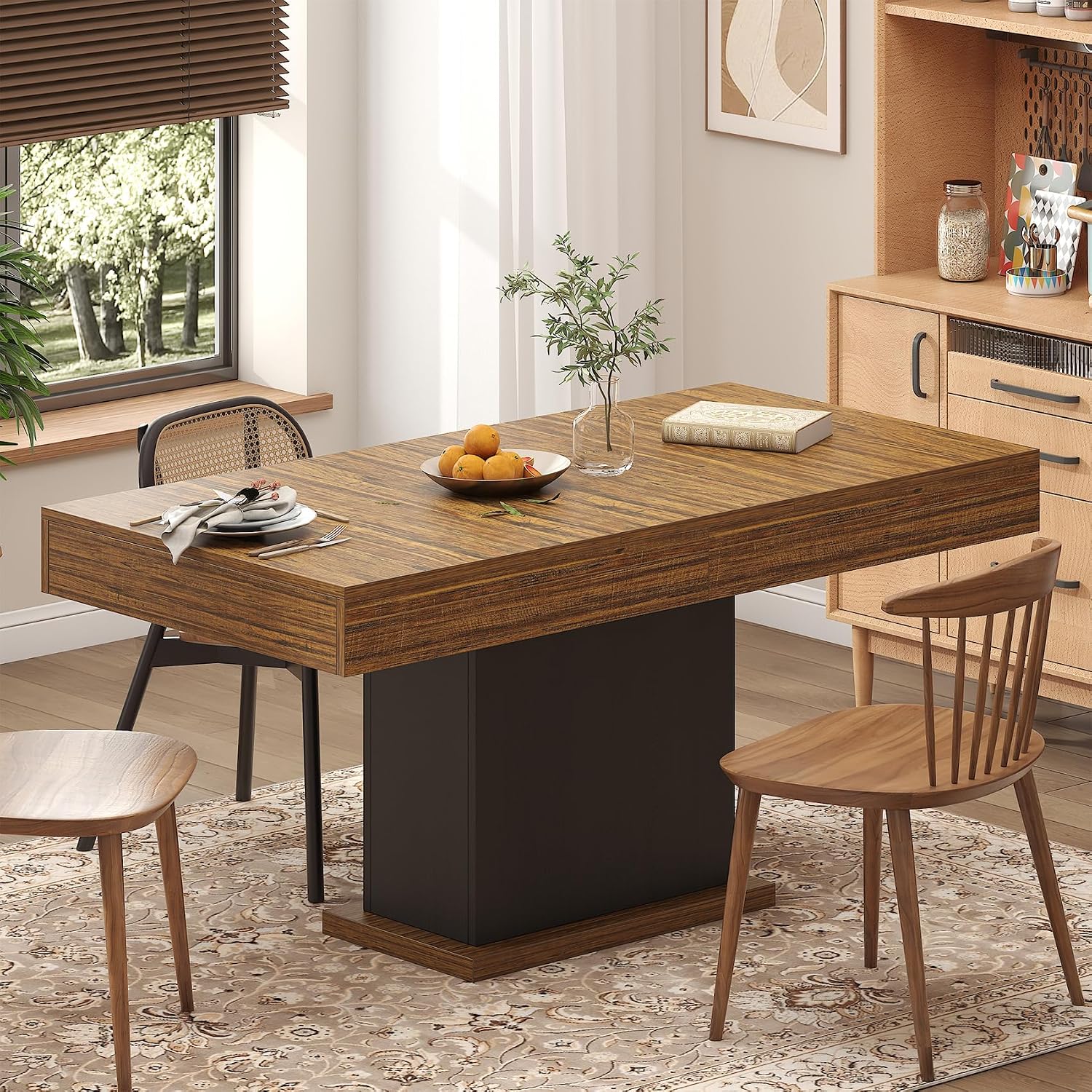 Dining Table with Drawers for 4-6 People, 55 Inches Dinner Table with Led Lights Wooden Pedestal Base, Rectangular Kitchen Table for Kitchen, Living Room, Black& Rustic Brown