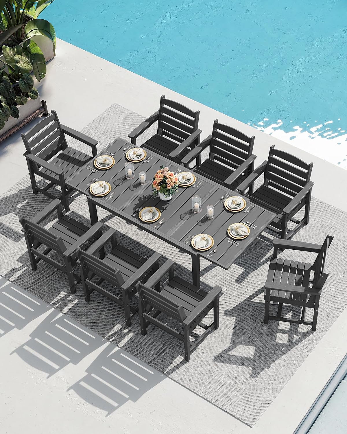SERWALL 7-Piece Patio Dining Sets, 60' - 83' Expandable Outdoor Dining Table and 6 HDPE Chairs, All Weather HDPE Outdoor Furniture Set for Backyard, Garden, Grey