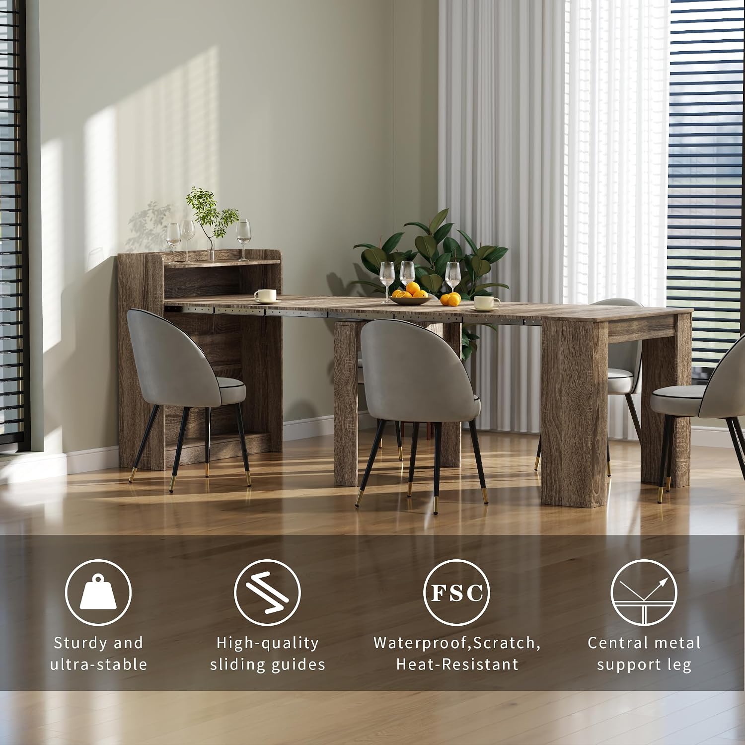 Transformer Folding Console Table for 2-9 People, Extendable Dining Table, Space Saving Dining Room Table for Apartments & Homes, Grey
