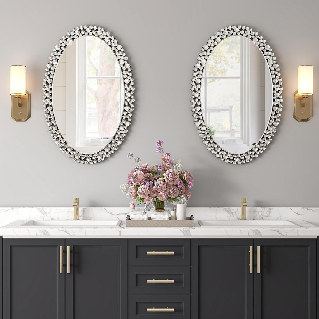 SHYFOY Oval Wall Mirrors Decorative, 23.6x35.4 Ornate Accent Mirror Crystal Frameless Mirror Jeweled Mirrors for Living Room Bedroom Entryway Wall Decor