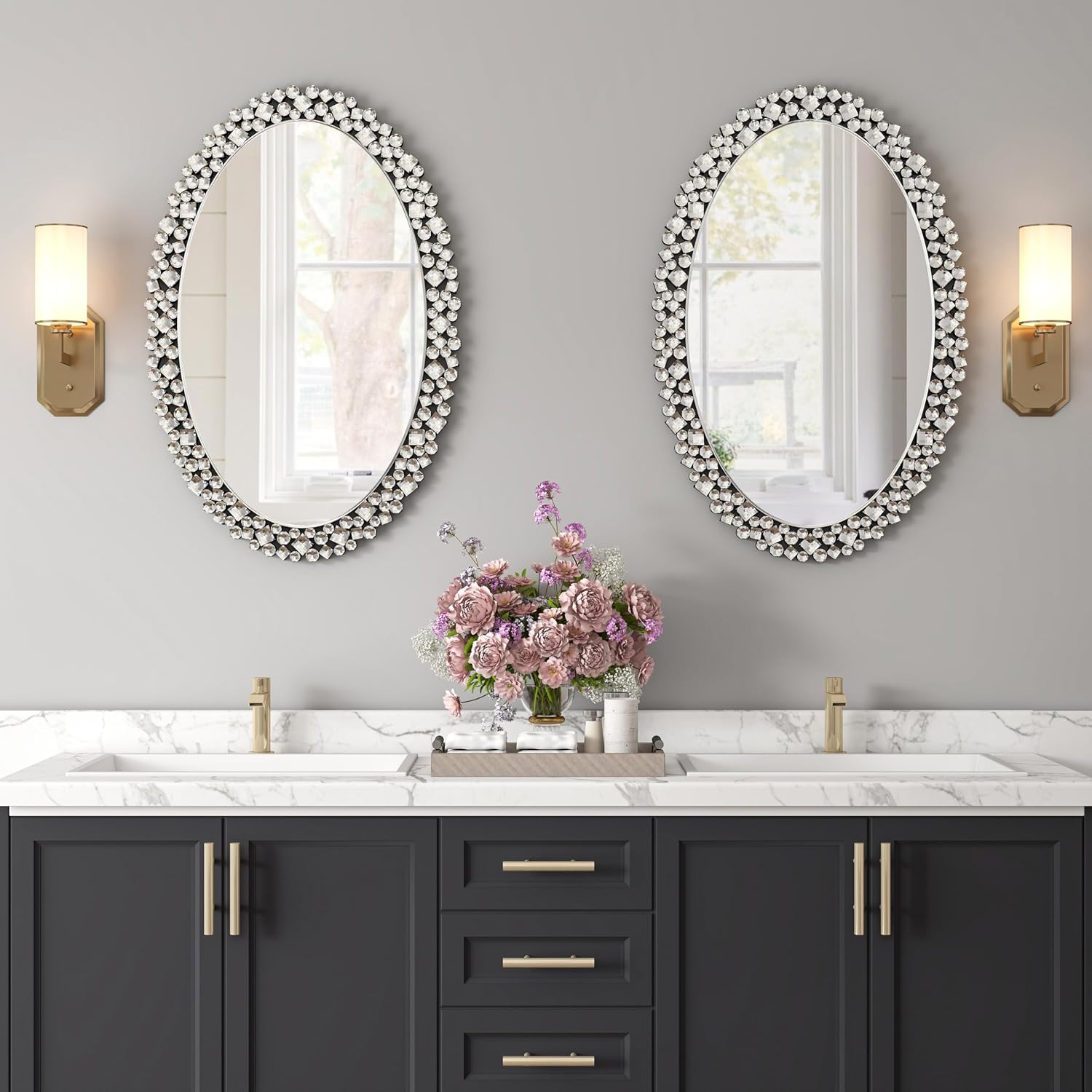 SHYFOY Oval Wall Mirrors Decorative, 23.6x35.4 Ornate Accent Mirror Crystal Frameless Mirror Jeweled Mirrors for Living Room Bedroom Entryway Wall Decor