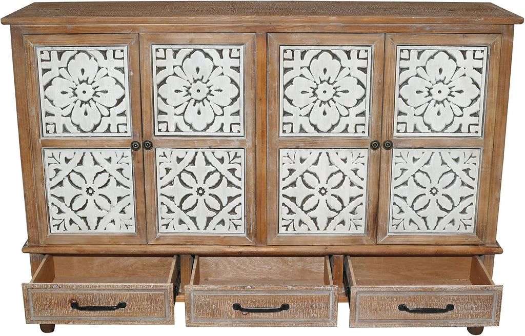 LKTART 59' Vintage Sideboard Buffet Cabinet with Storage,French Country Sideboard with Carved Doors,Farmhouse Credenza Accent Cabinet, Natural Wood