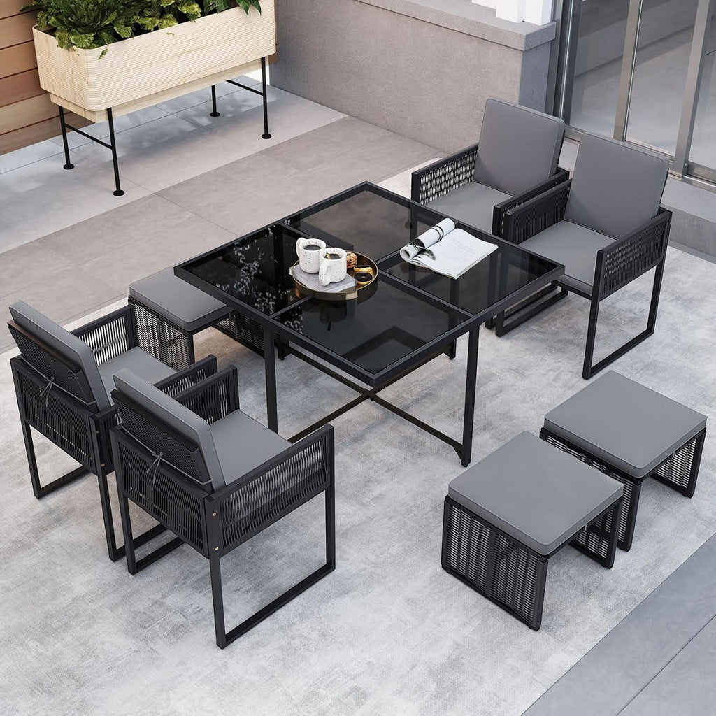 Tangkula 9 Pieces Patio Dining Set, Outdoor Space-Saving Furniture Set with PE Rattan Chairs, Tempered Glass Table and Ottomans, Outdoor Sectional Conversation Set with Cushions for Yard