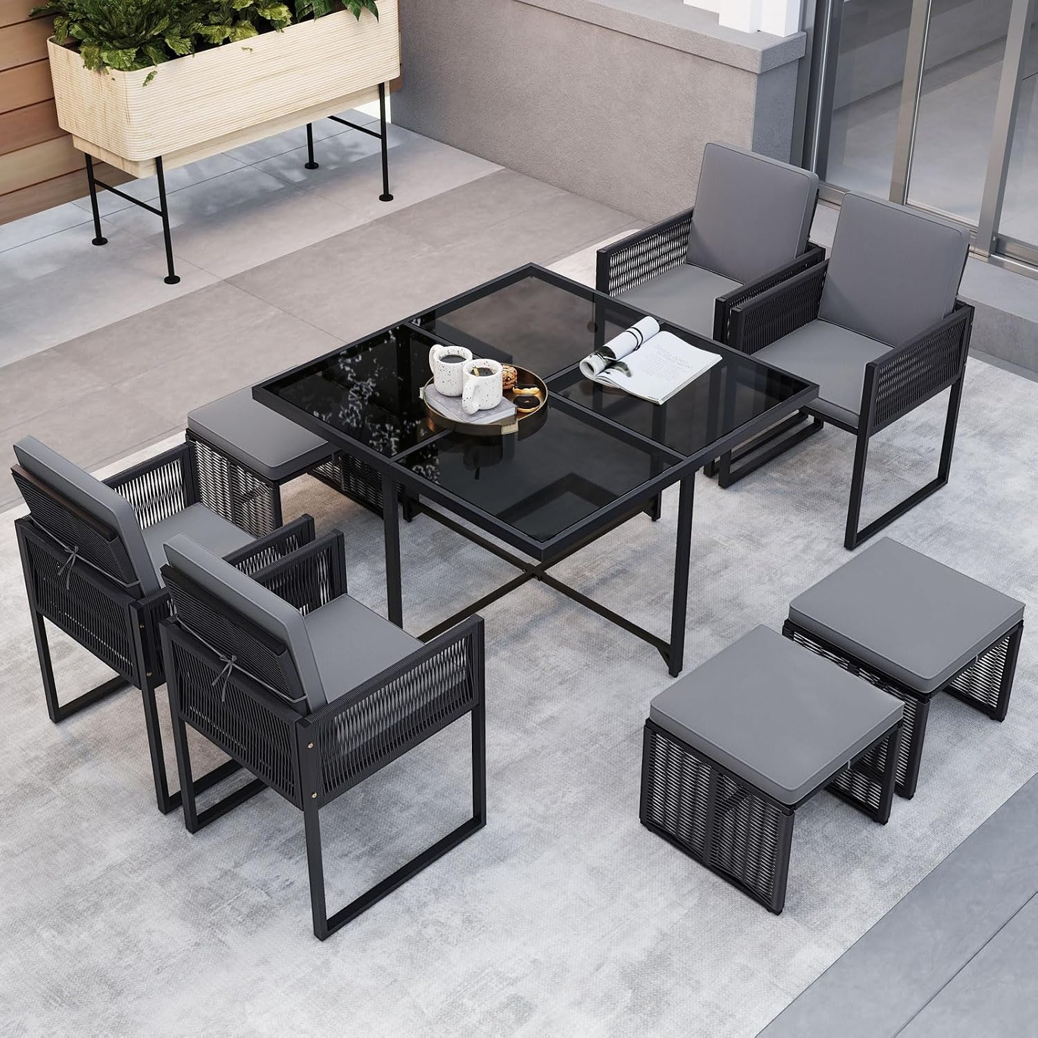 Tangkula 9 Pieces Patio Dining Set, Outdoor Space-Saving Furniture Set with PE Rattan Chairs, Tempered Glass Table and Ottomans, Outdoor Sectional Conversation Set with Cushions for Yard