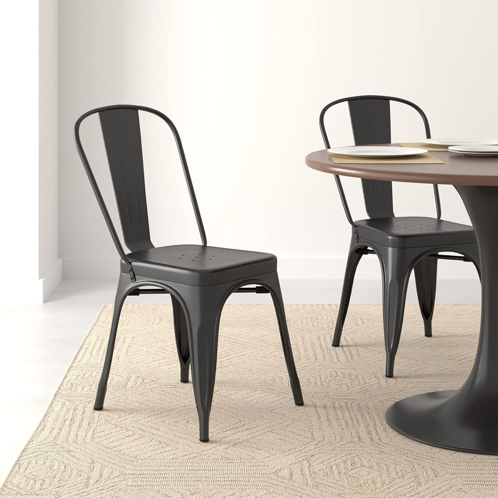 Amazon Basics Metal Dining Chairs, Easy to Assemble, Indoor/Outdoor, Stackable, Matte Black, 4-Pack