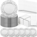 FoldTier 100 Set Antique Charger Plates with Napkins Set 13 Inch Plastic Round Chargers Bulk Embossed Rim Dinner Plates Elegant Guest Towels for Wedding Party Event Table Decoration Setting (Silver)