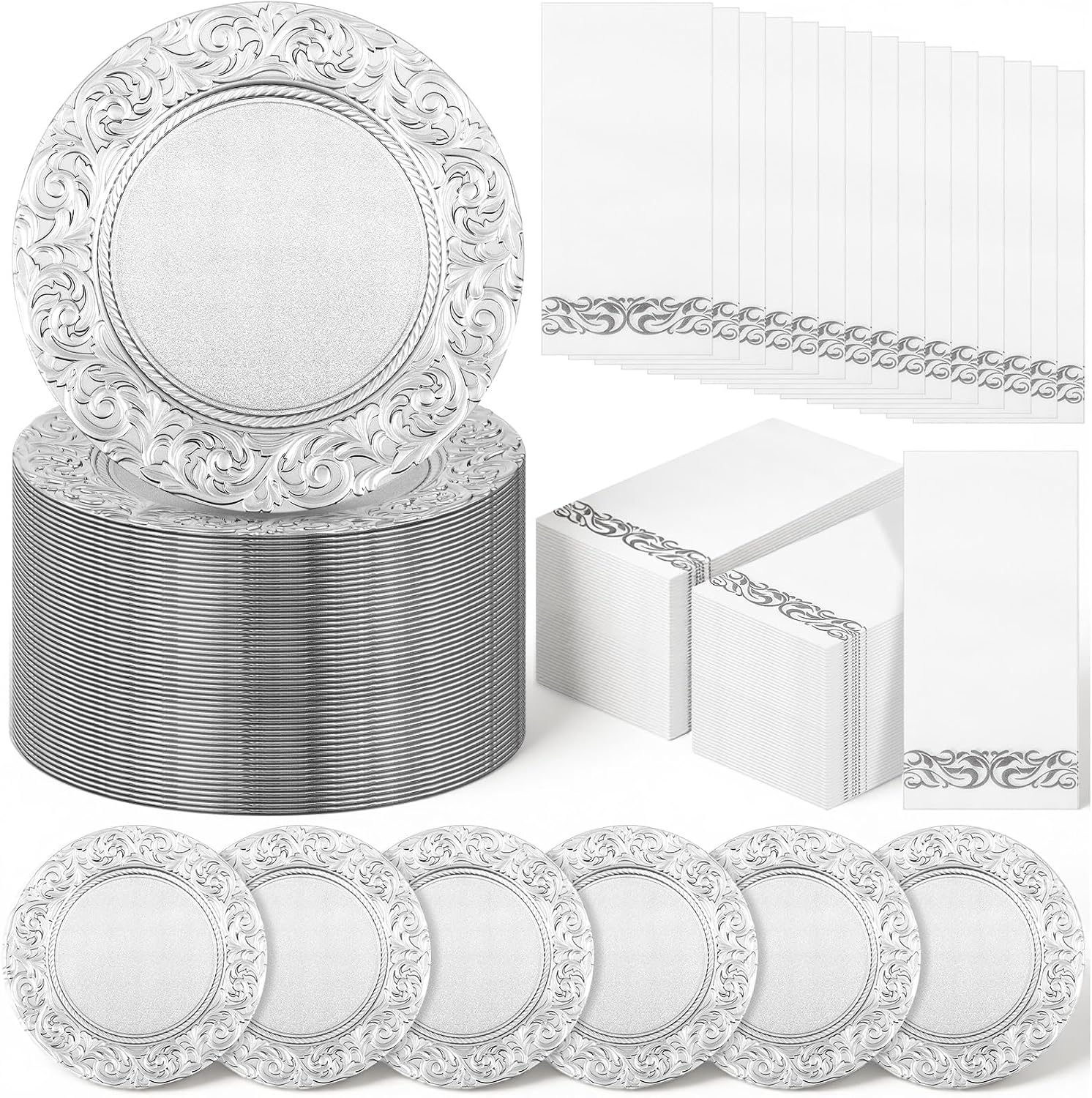 FoldTier 100 Set Antique Charger Plates with Napkins Set 13 Inch Plastic Round Chargers Bulk Embossed Rim Dinner Plates Elegant Guest Towels for Wedding Party Event Table Decoration Setting (Silver)