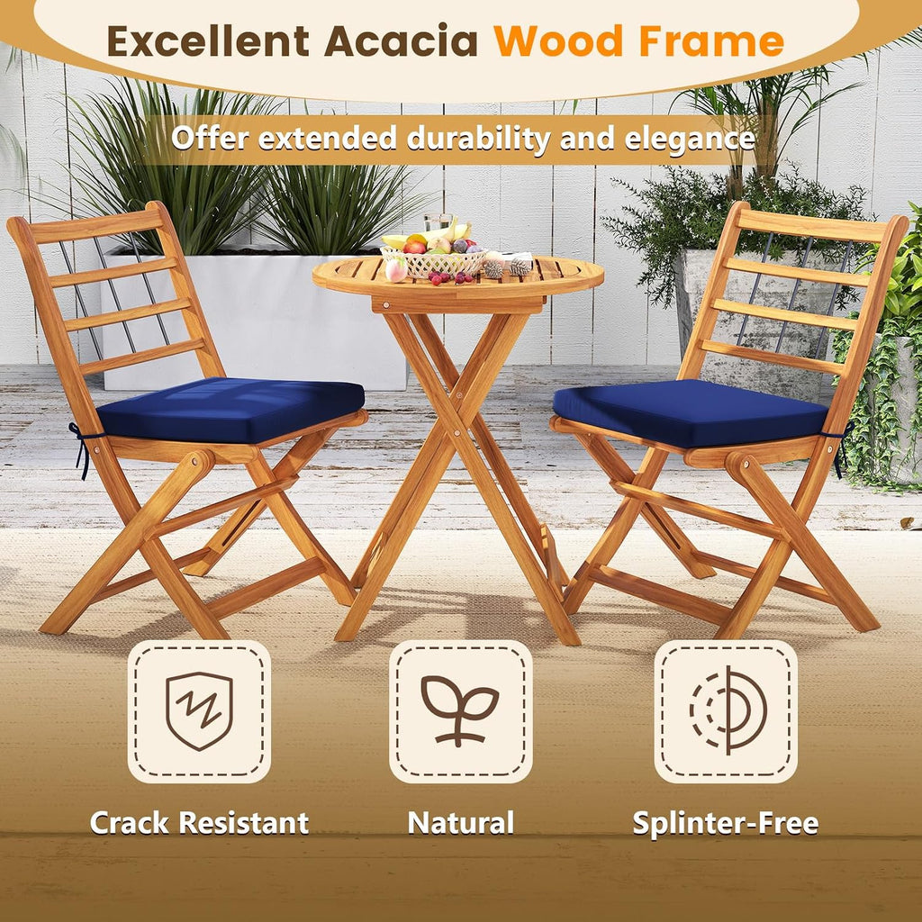 Tangkula 3 Piece Patio Wood Bistro Set, Folding Table Chair Set w/Soft Seat Cushions, Acacia Wood Frame, High-Back Portable Chairs w/Table for Backyard, Poolside (Navy)