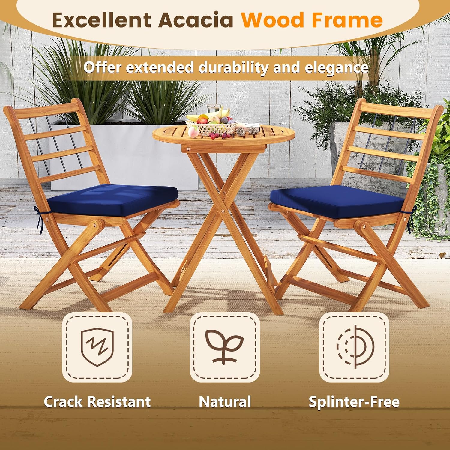 Tangkula 3 Piece Patio Wood Bistro Set, Folding Table Chair Set w/Soft Seat Cushions, Acacia Wood Frame, High-Back Portable Chairs w/Table for Backyard, Poolside (Navy)