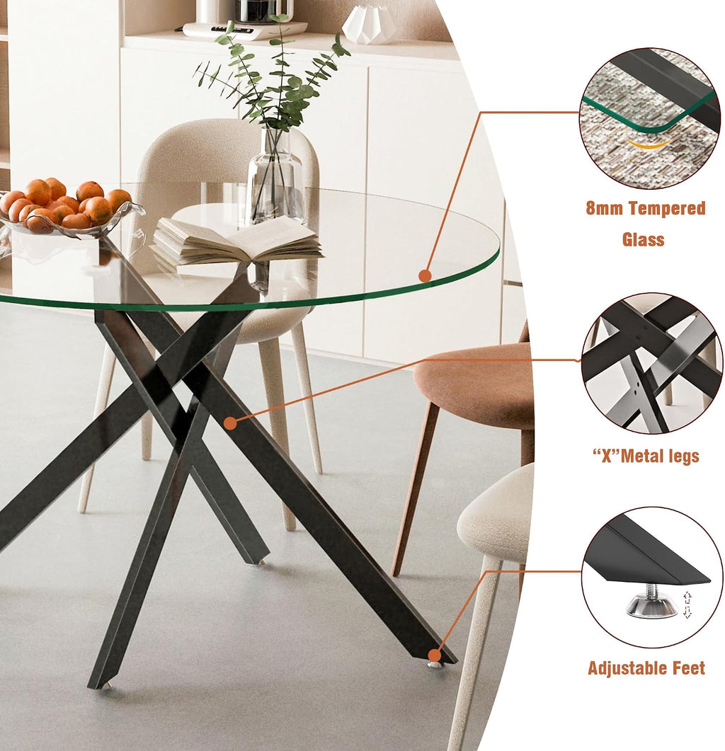 47.25' Round Dining Table for 6, Modern Clear Glass Kitchen Table for 6 with Black X Metal Legs, Contemporary Small Circle Dining Room Leisure Tables for Kitchen Apartment