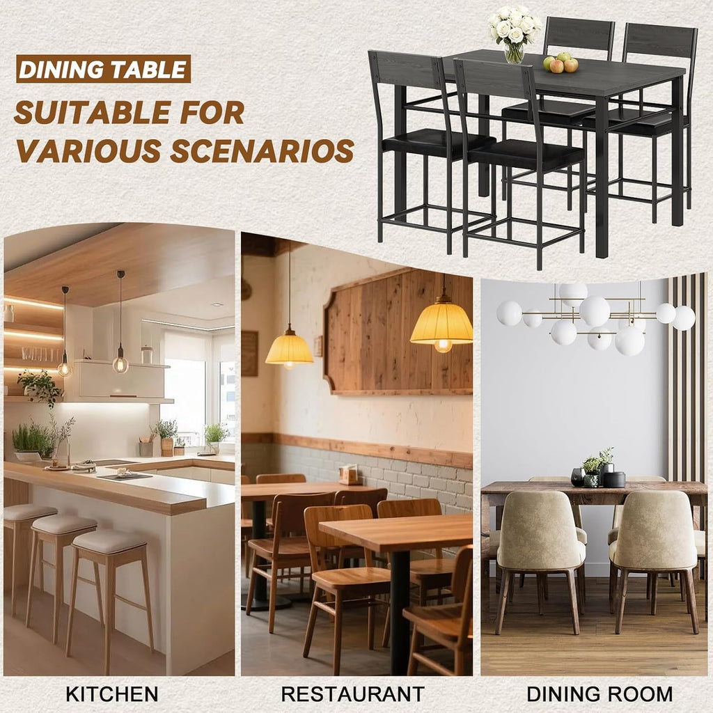 Dining Table Set for 4, 5-Piece Kitchen Table and Chairs Set, Rectangle Wooden Dining Room Table with Metal Frame & MDF Board, Perfect for Small Space, Dinette, Apartment, Grey