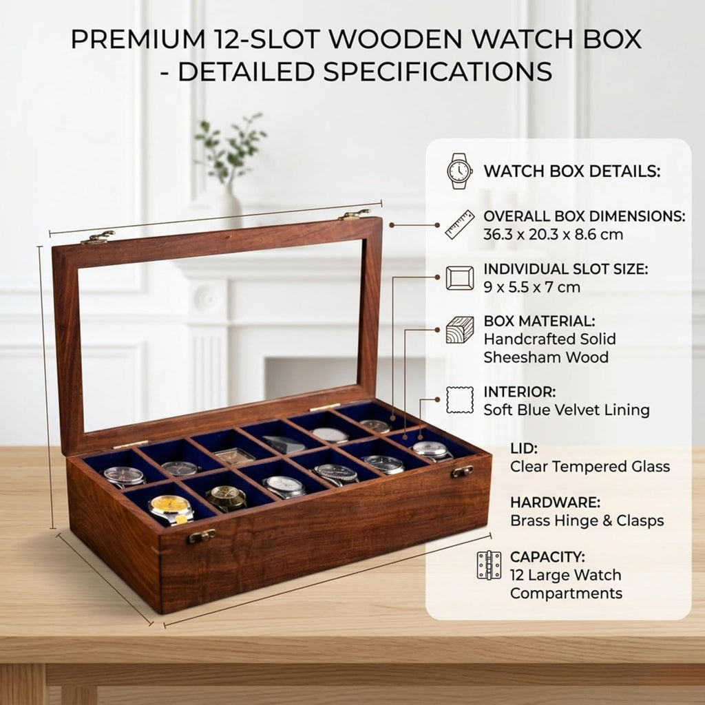 Royal Craft Expertise Wooden watch boxes, Watch box case organizer for men- Indian Long Lasting Wooden Watch Case - Luxury watch box for 12 watches For large mens wrist watches