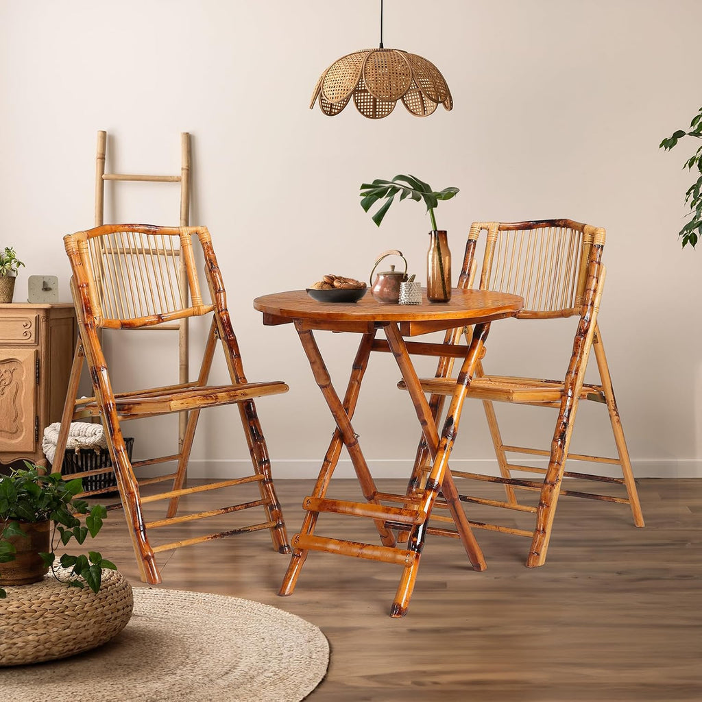 VINGLI Bamboo Folding Chair Table 3 Piece Bistro Set, Foldable Dining Wood Chairs Comfortable Seat for Outdoor & Indoor, Patio, Porch, Wedding, Party, Event, 3 Pack