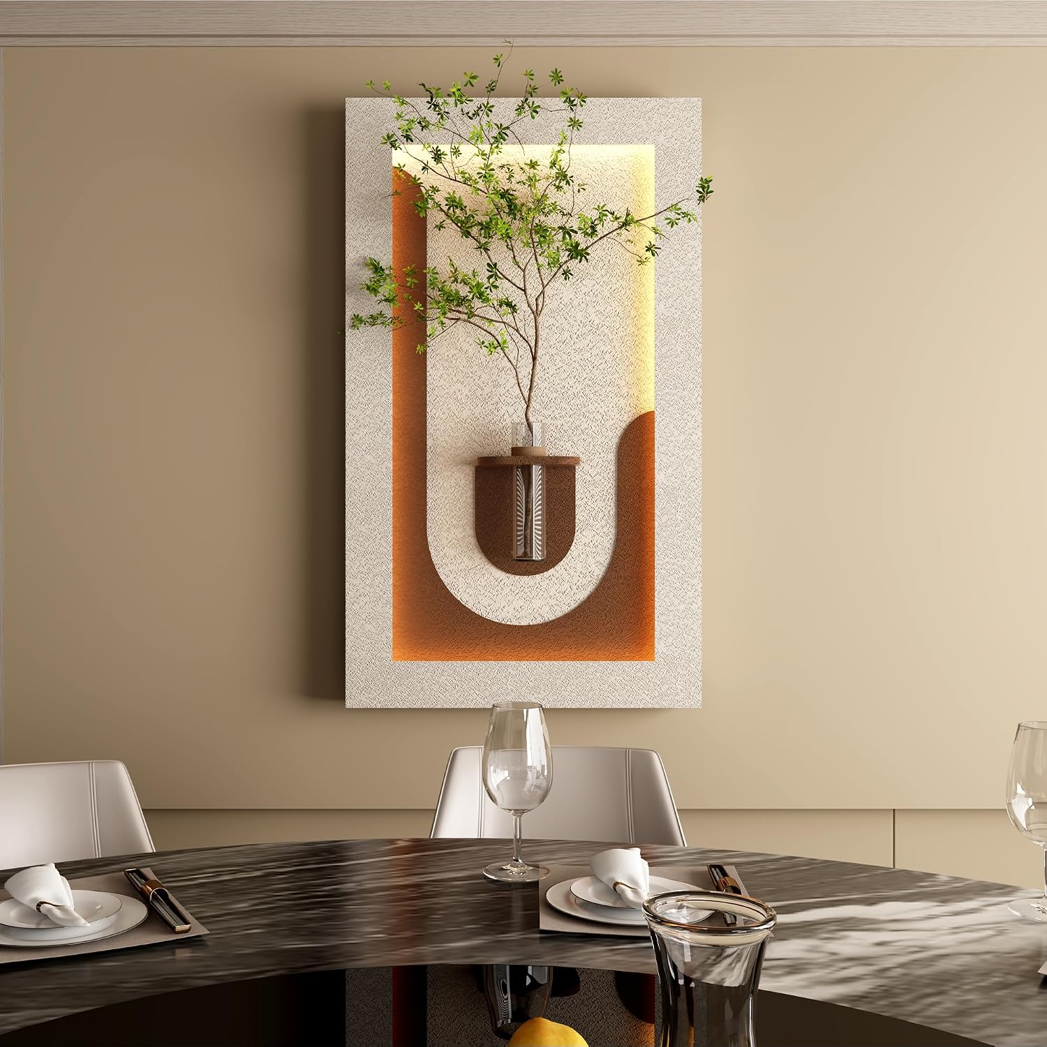 Montary 3D Sandstone Art Painting, Adjustable 3-Color LED Sandstone Wall Decor with Simulated Green Plants - 3D Art Sculpture, Glass Vase & Rabbit Statue, for Living Room, Bedroom, Hallway