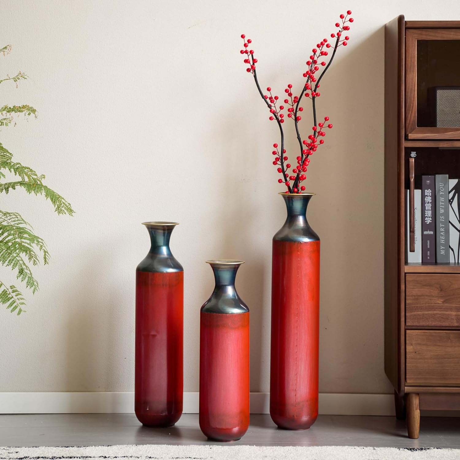 Tall Floor Vases for Living Room Set of 3 – Red Metal Decorative Floor Vase Set, Large Modern Floor Vases for Home Decor, Elegant Tall Metal Vases for Floor Decoration