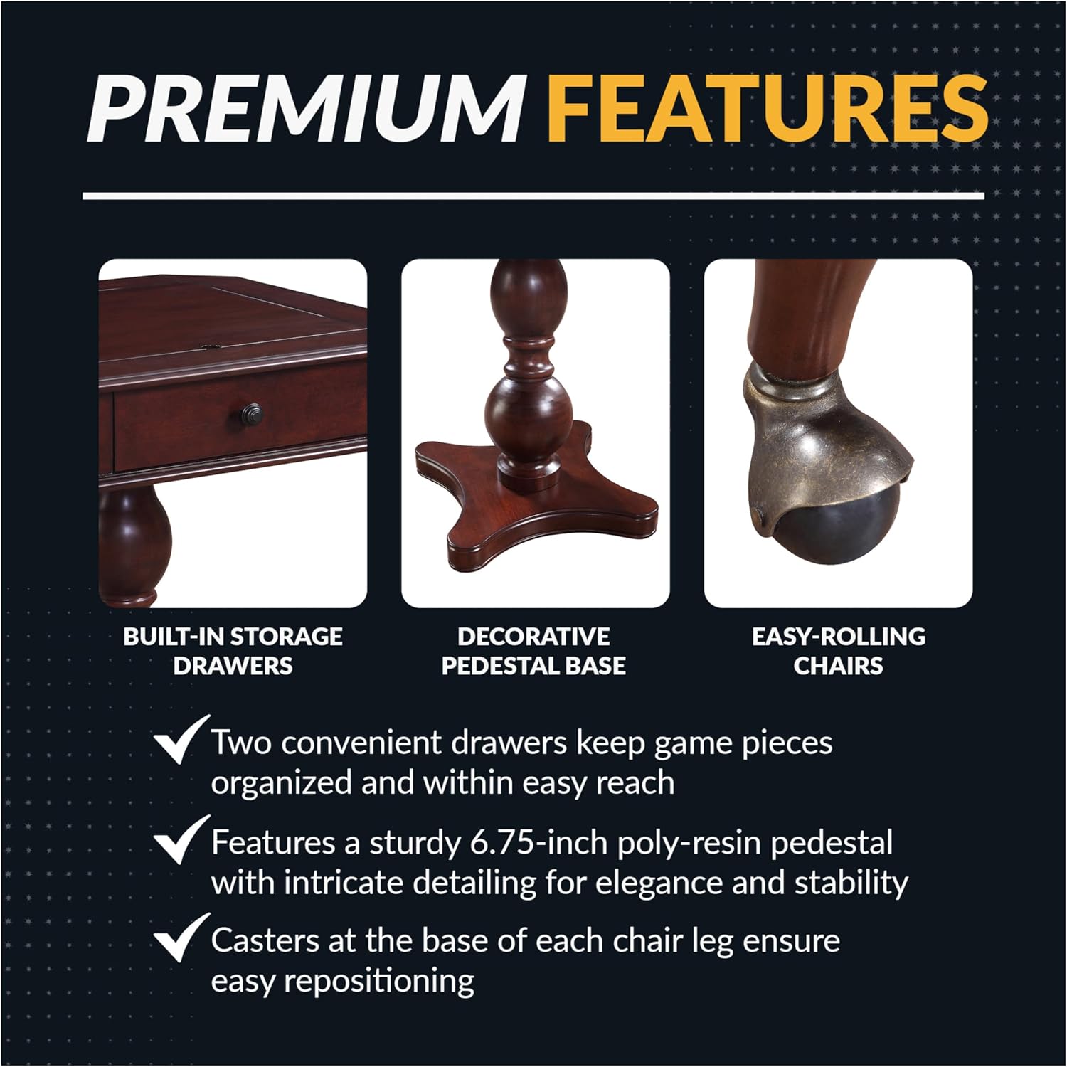 Hathaway Fortress 3 in 1 Chess, Checkers & Backgammon Pedestal Game Table and Chairs Set – Multipurpose Chess Table Furniture w/ Reversible Tabletop, Storage Drawers & Complete Accessories - Mahogany