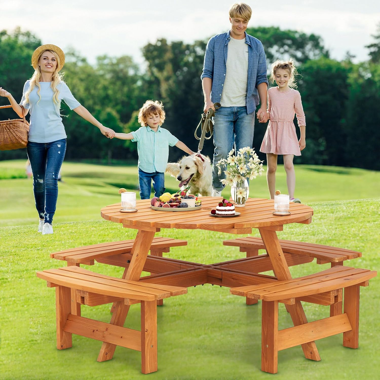 Giantex 8-Person Round Picnic Table Set with 4 Benches, 550 LBS Bench Capacity, 2' Umbrella Hole, Circular Outdoor Wood Dining Table & Chairs for Patio Yard Garden Porch Deck (71'x71'x28',Yellow)