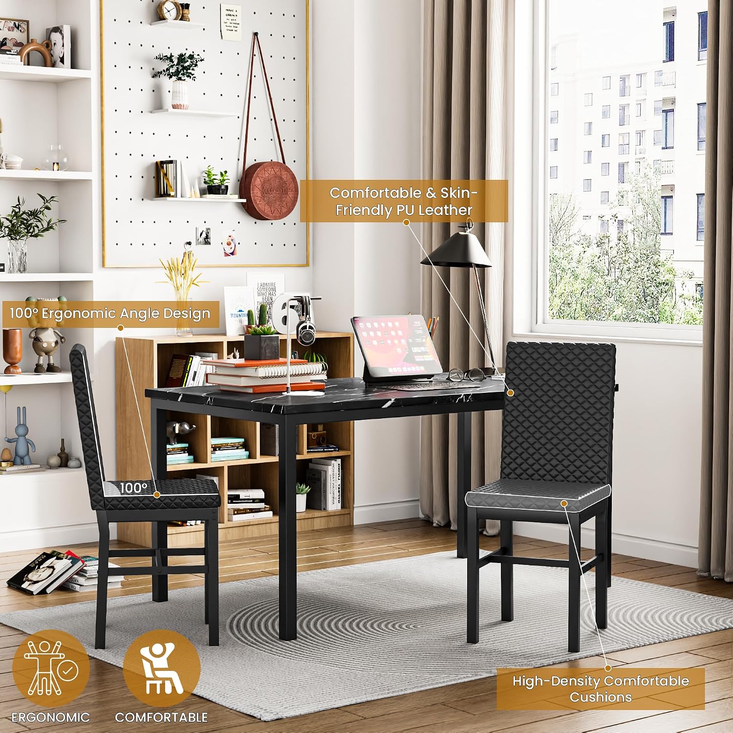 Recaceik Dining Table Set for 6, Faux Marble 7 Piece Dining Table Set with Chairs, Kitchen Table Set with PU Leather Dining Chairs for Small Space & Breakfast Nook, Black