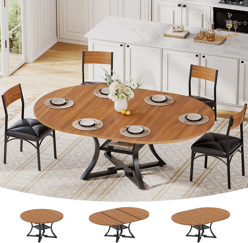 Itaar Round Extendable Dining Table Set for 4-6 People, 5-Piece Kitchen Table Set with 4 Cushion Chairs, Dining Room Table for 6 with MDF Board & Metal Frame for Small Space, Easy Clean, Brown