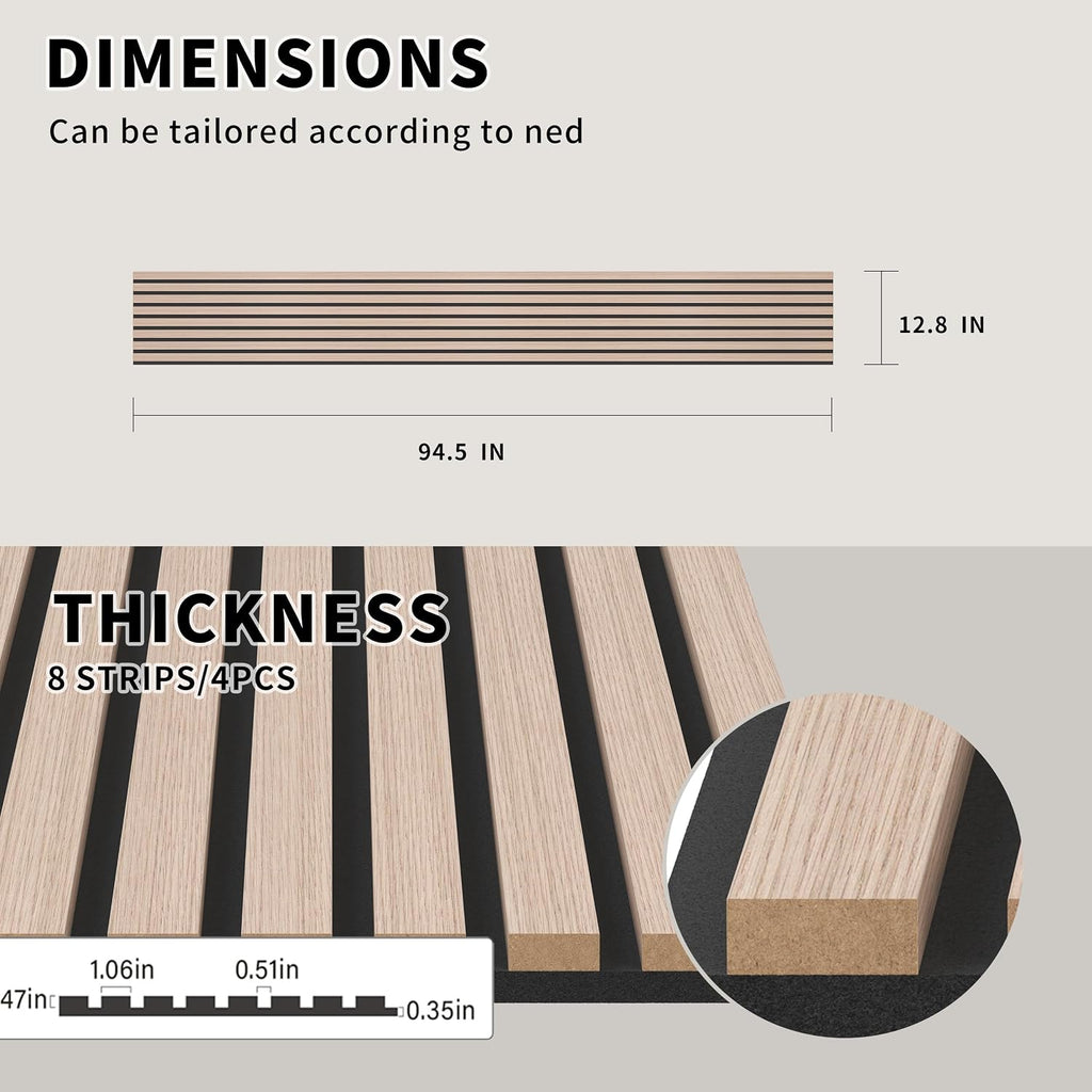 POHARE Wood Slat Wall Panels, 4 Pack Accent Decorative Acoustic Wood Slats for Wall and Ceilings, Acoustic Panels for Interior Wall Décor on Felt Back Board, Natural, 8 x 1 ft
