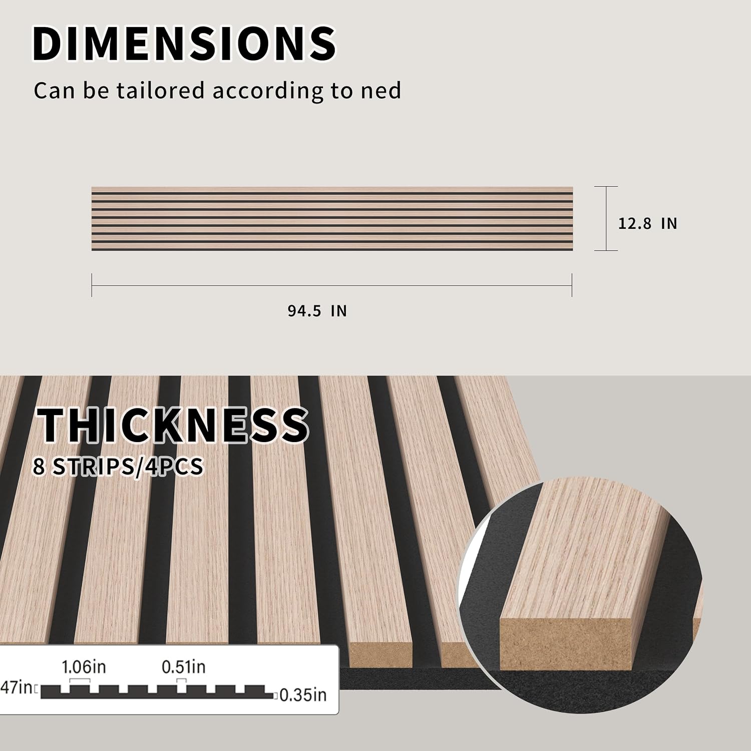 POHARE Wood Slat Wall Panels, 4 Pack Accent Decorative Acoustic Wood Slats for Wall and Ceilings, Acoustic Panels for Interior Wall Décor on Felt Back Board, Natural, 8 x 1 ft