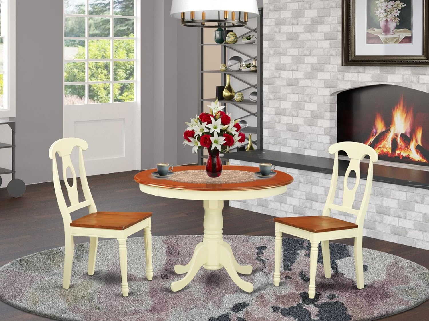 East West Furniture HLKE3-BMK-W 3 Piece Kitchen Table Set for Small Spaces Contains a Round Dining Room Table with Pedestal and 2 Solid Wood Seat Chairs, 42x42 Inch, Buttermilk & Cherry