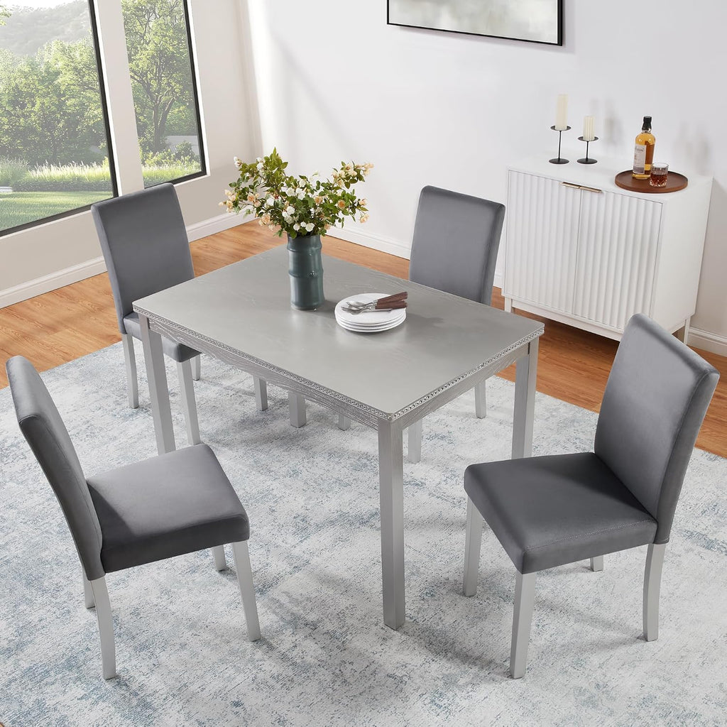 LUMISOL 5 Piece Wooden Dining Table Set, Farmhouse Kitchen Table Set with 4 Upholstered Chairs, Dining Room Table with Crystal Decoration and Chairs Set for Kitchen, Dining Room, Sliver Grey