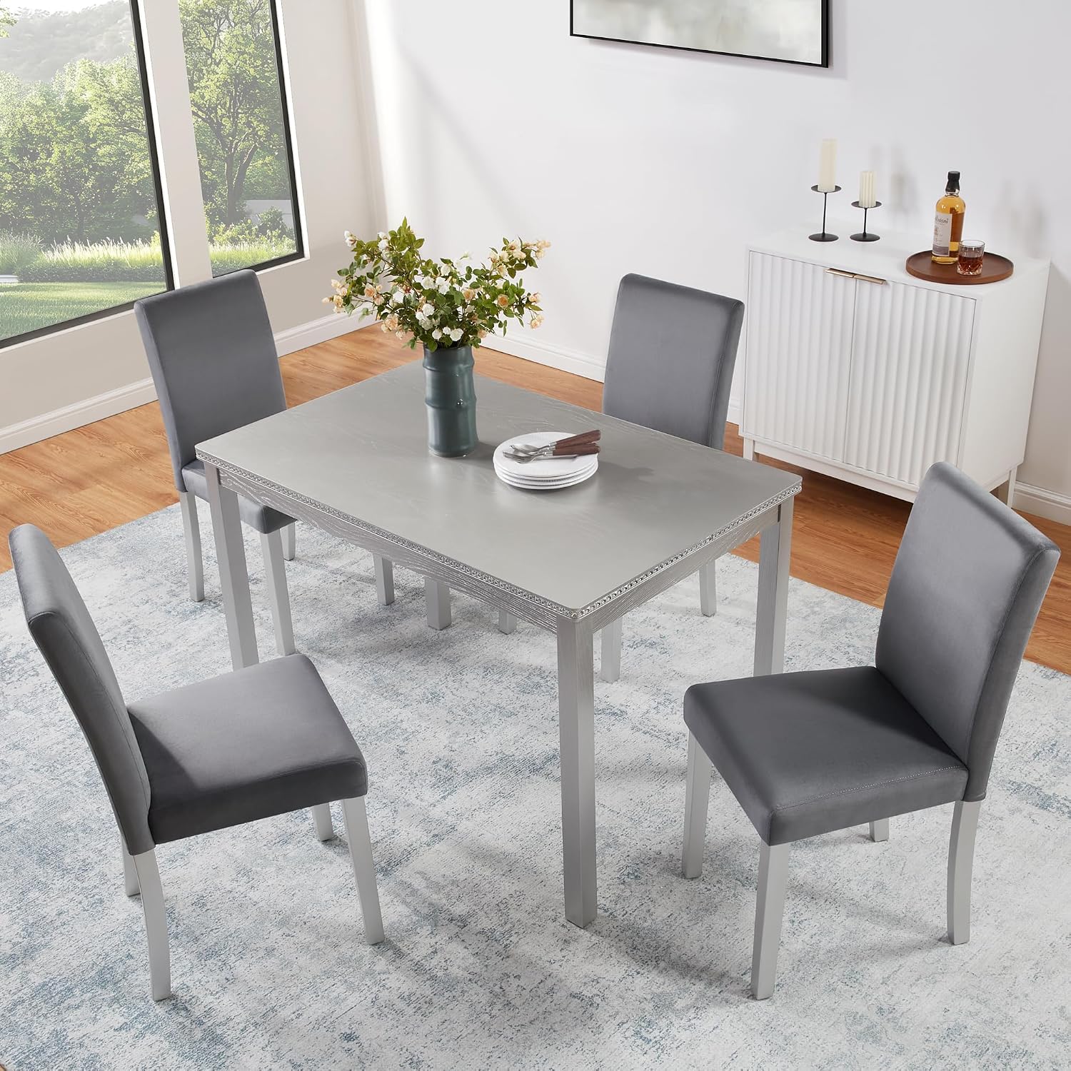 LUMISOL 5 Piece Wooden Dining Table Set, Farmhouse Kitchen Table Set with 4 Upholstered Chairs, Dining Room Table with Crystal Decoration and Chairs Set for Kitchen, Dining Room, Sliver Grey