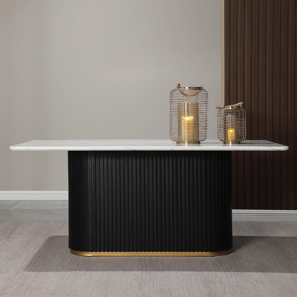 Morden Fort Marble Dining Table for 6, 70' Modern Dining Table with Black Fluted Base and White Faux Marble Top, Kitchen Table with Gold Trim for Ktichen, Reception and Conference