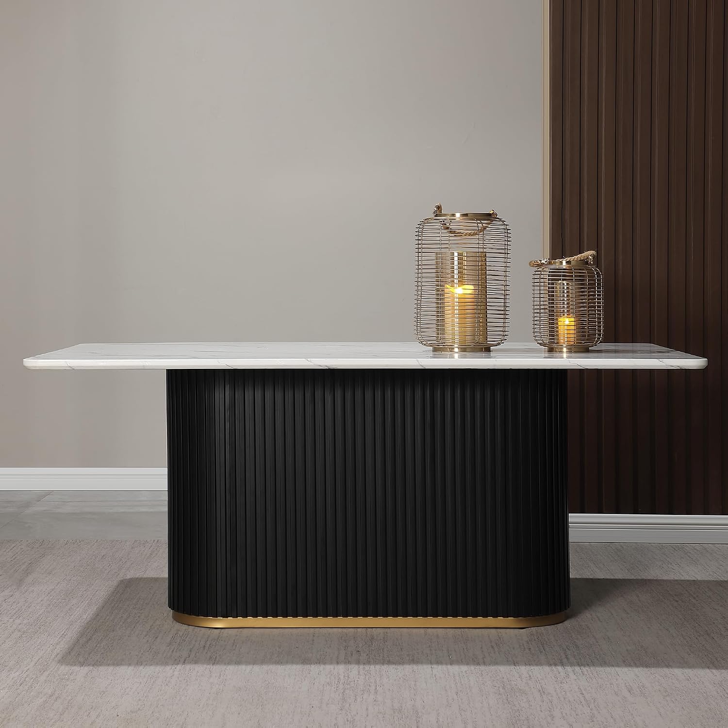 Morden Fort Marble Dining Table for 6, 70' Modern Dining Table with Black Fluted Base and White Faux Marble Top, Kitchen Table with Gold Trim for Ktichen, Reception and Conference