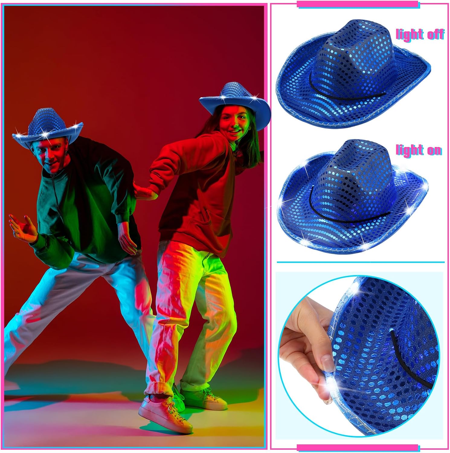 Tisancy 20 Pack Lights Cowboy Cowgirl Hat LED Flashing Light Up Hat for Western Bachelorette Party Wedding Bridal